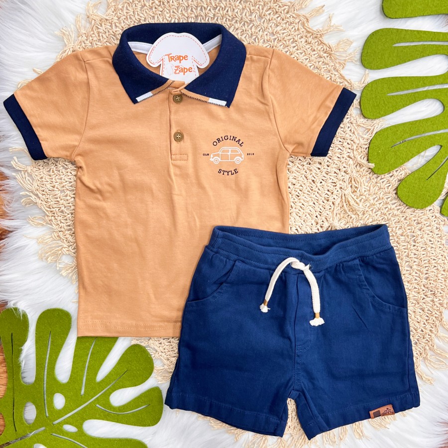 Conj. Camiseta Gola Polo Original Style e Bermuda - Marinho e Cappuccino